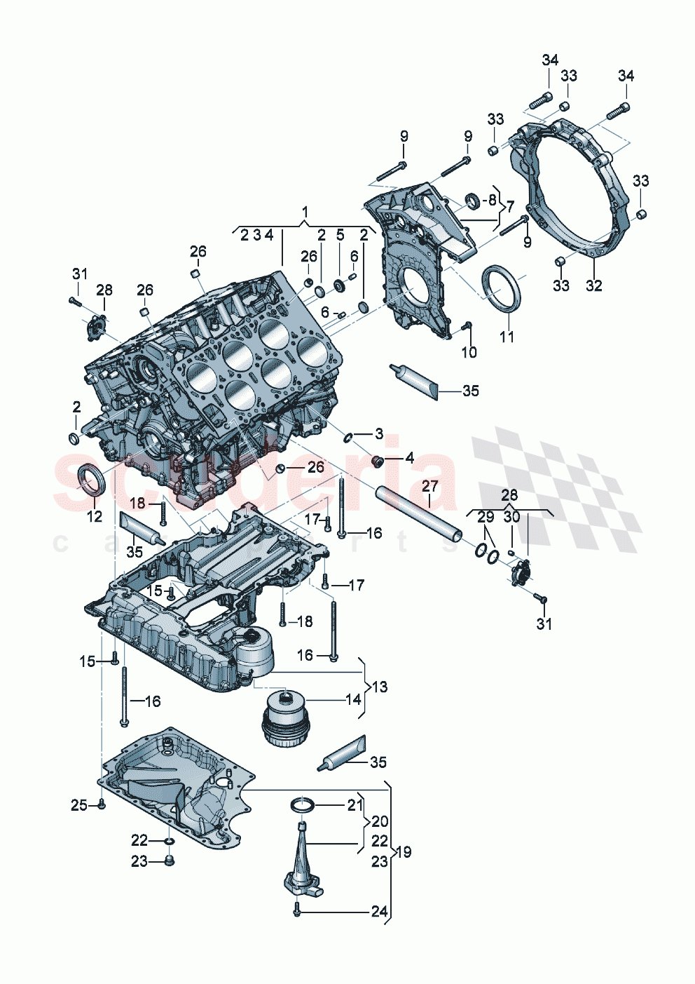 Crankcase housing Sealing flange Engine oil sump upper part Engine oil sump lower part with oil level sensor of Bentley Bentley New Continental Convertible (2019-2024)