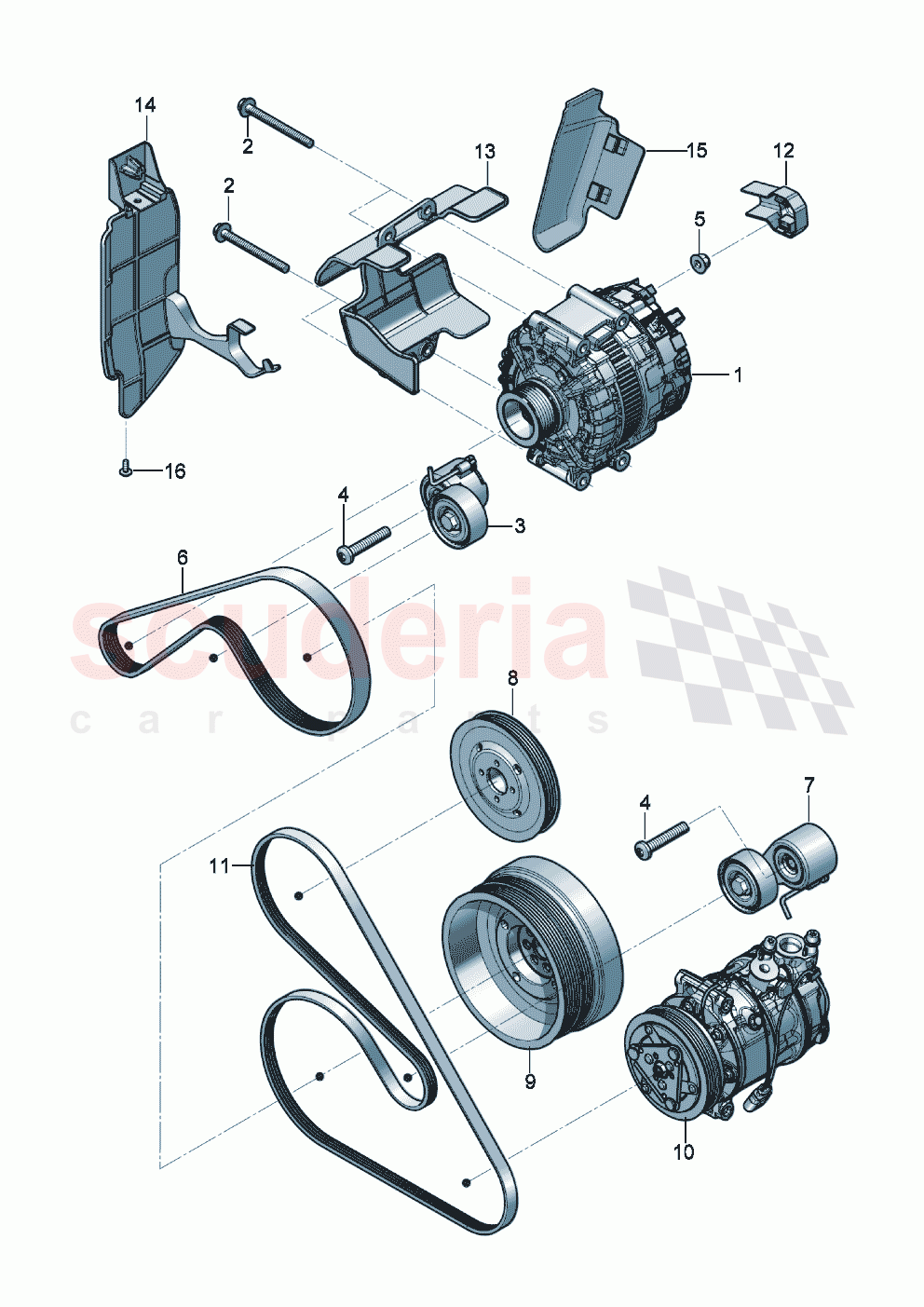 Alternator connecting and mounting parts for alternator Poly-V-belt tensioning lever with idler pulley of Bentley Bentley New Continental Convertible (2019-2024)