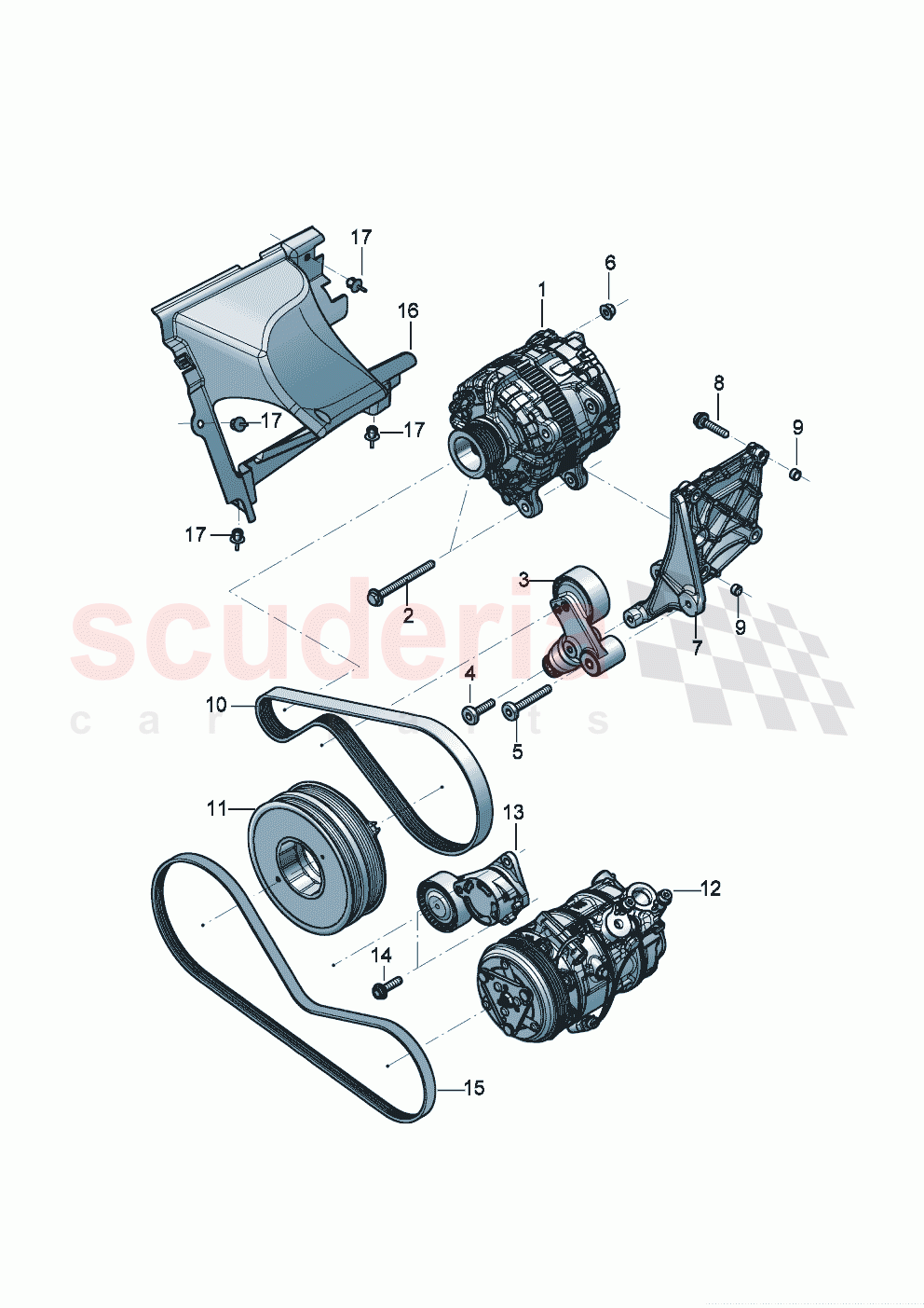 Alternator connecting and mounting parts for alternator Poly-V-belt tensioning lever with idler pulley of Bentley Bentley New Continental Convertible (2019-2024)