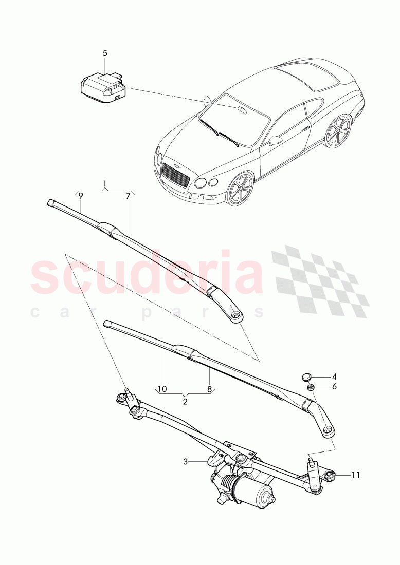 wiper motor, wiper arm with wiper, blade of Bentley Bentley Continental GT (2011-2018)