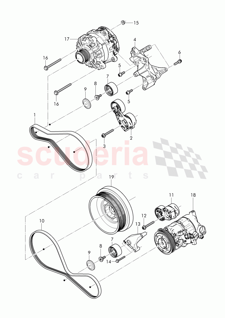 Alternator, connecting and mounting parts, for alternator, v-ribbed belt, tensioning lever with relay, roller of Bentley Bentley Bentayga (2015+)