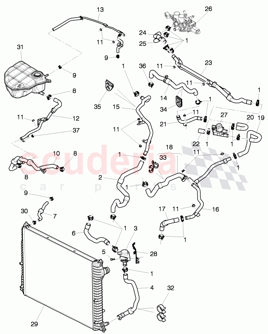Coolant hoses and pipes, Engine bay, for vehicles with coolant auxiliary heater, D >> - MJ 2014 of Bentley Bentley Continental GT (2011-2018)