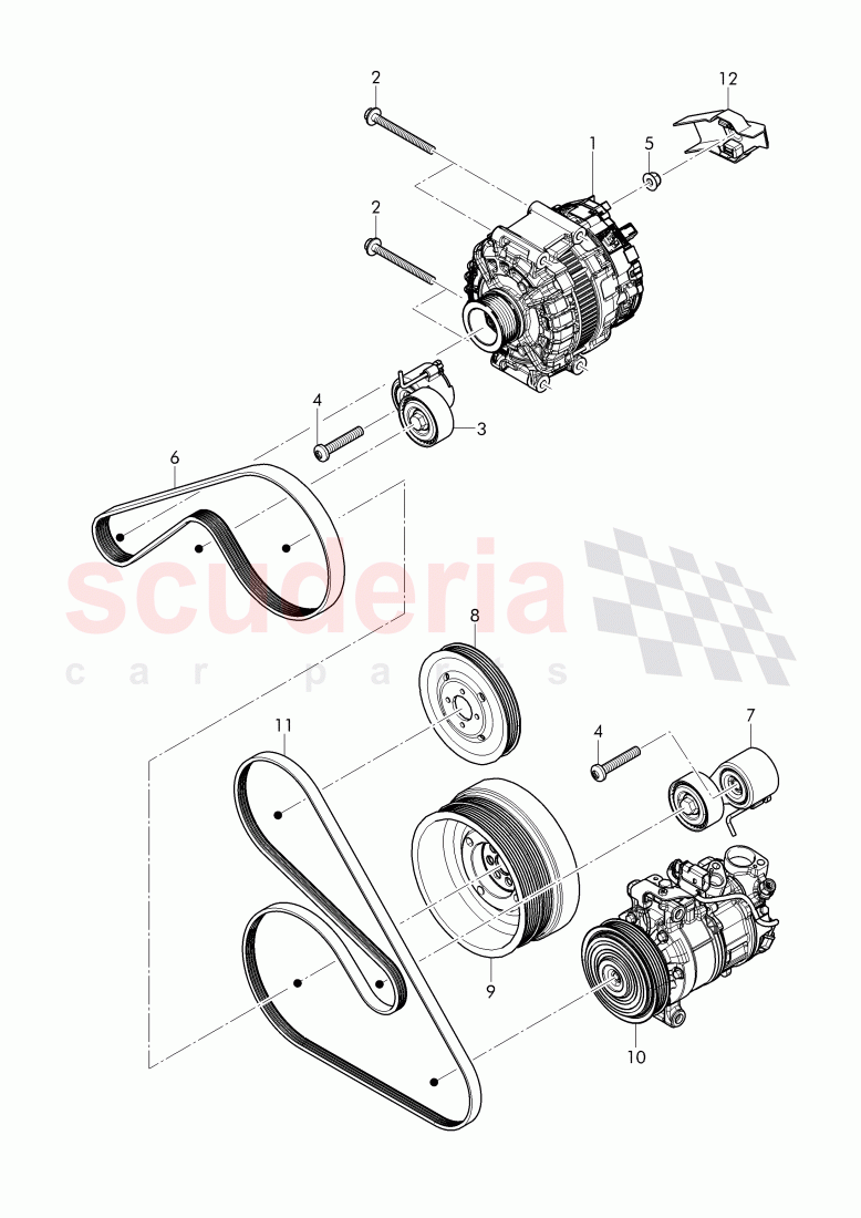 Alternator, connecting and mounting parts, for alternator, v-ribbed belt, tensioning lever with relay, roller of Bentley Bentley Bentayga (2015+)