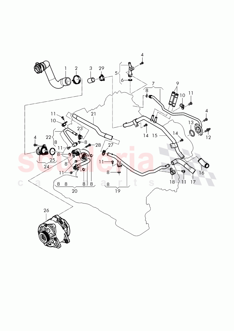 Coolant hoses and pipes, engine, F 3W-F-044 096>>, F ZA-F-044 096>> of Bentley Bentley Continental Flying Spur (2013+)
