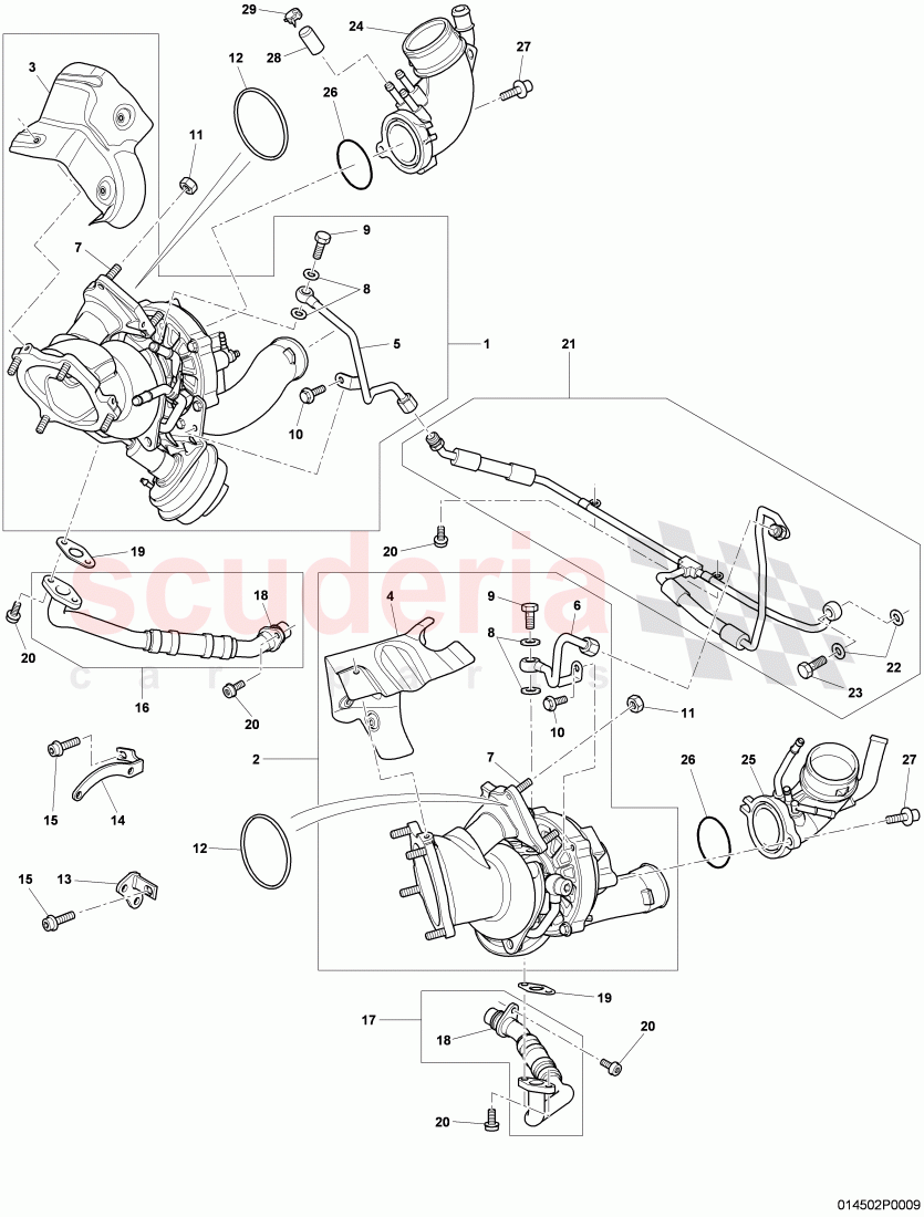 Exhaust gas turbocharger, oil return line, oil pressure line, F >> 3W-5-028 804 of Bentley Bentley Continental Flying Spur (2006-2012)
