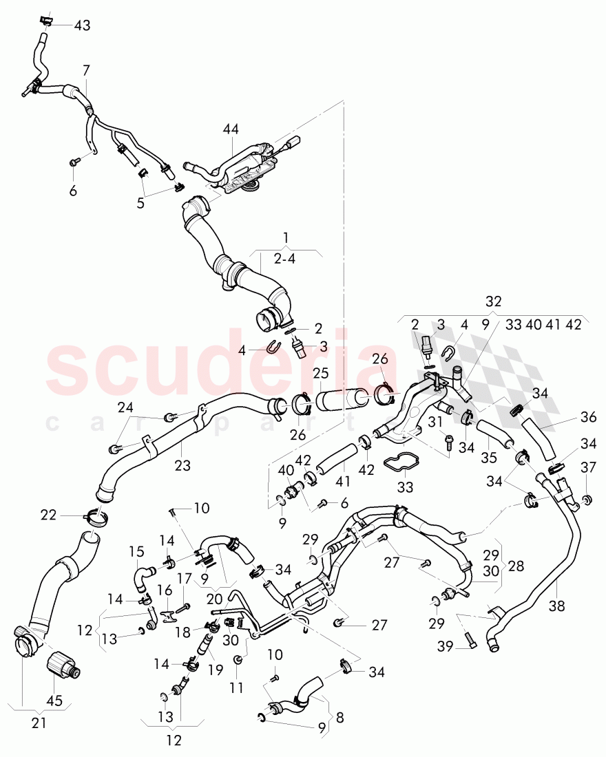 Coolant hoses and pipes, engine, F >> 3W-F-041 285, F >> ZA-F-041 285 of Bentley Bentley Continental Flying Spur (2013+)