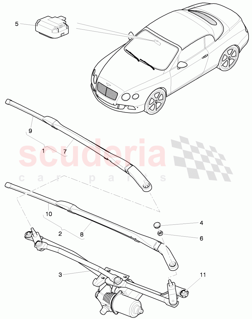 wiper motor, wiper arm with wiper, blade of Bentley Bentley Continental GTC (2011+)