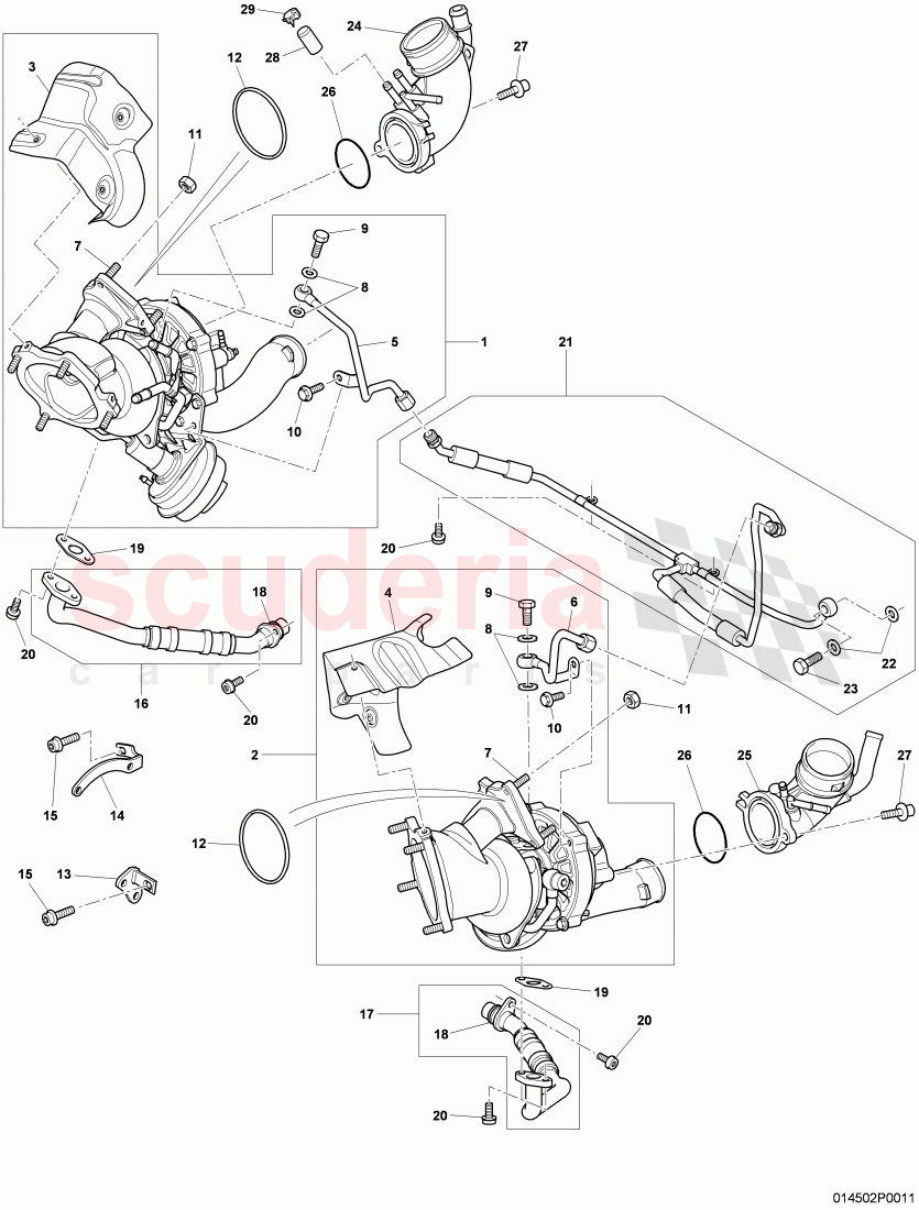 Exhaust gas turbocharger, oil return line, oil pressure line, D - MJ 2008>>, F >> 3W-8-051 805 of Bentley Bentley Continental Flying Spur (2006-2012)