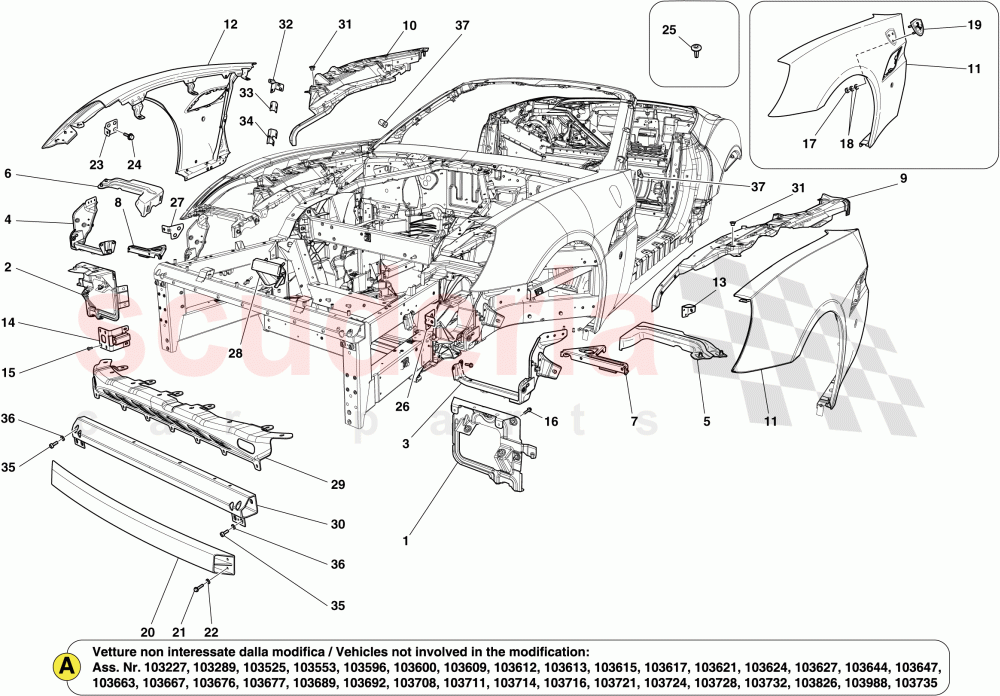 FRONT BODYSHELL AND EXTERNAL TRIM -Applicable from Ass.ly No. 103179 (see note A for excluded Ass.ly Numbers)- of Ferrari Ferrari California (2012-2014)