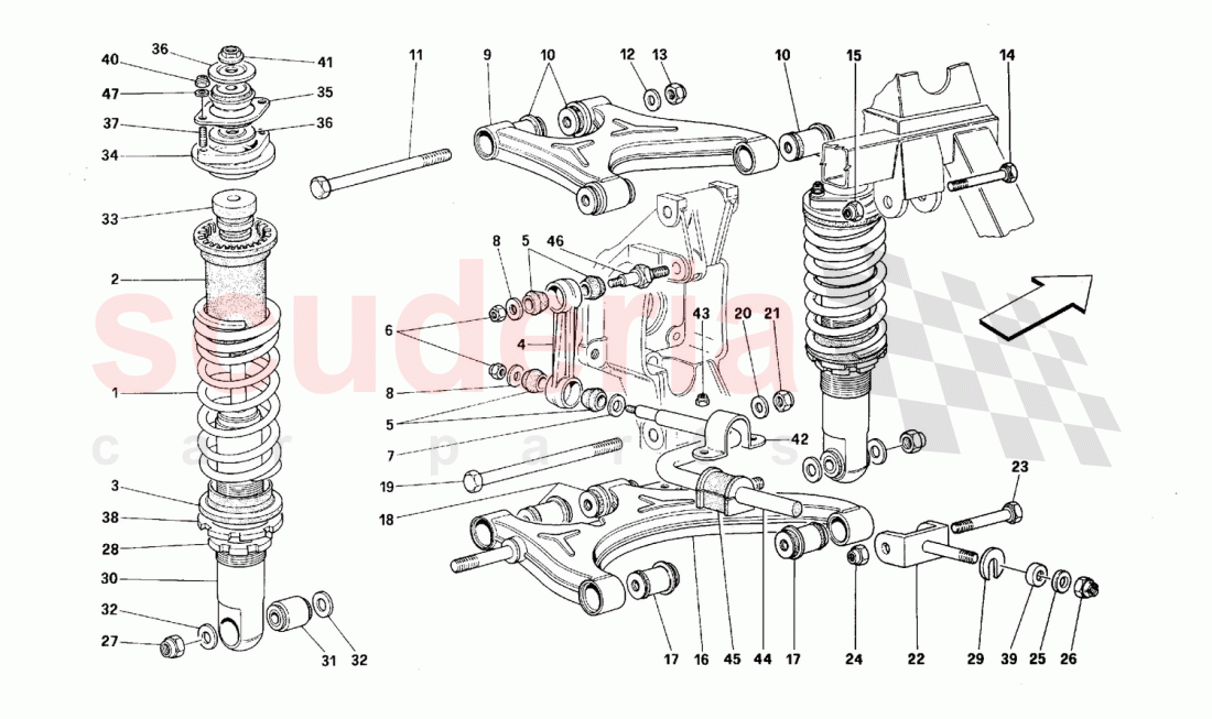 Rear suspension - Wishbones and shock absorber of Ferrari Ferrari 512 TR