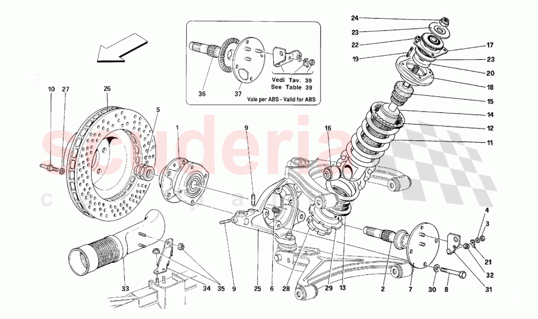 Front suspension - Shock absorber and brake disc of Ferrari Ferrari 512 TR