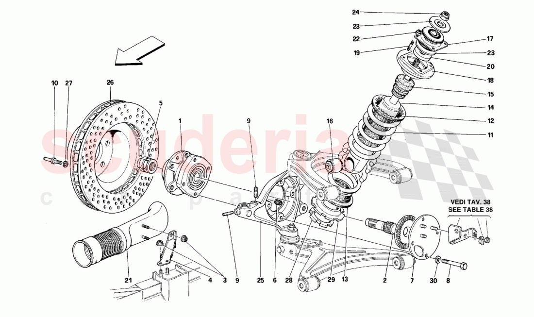 Front suspension - Shock absorber and brake disc of Ferrari Ferrari 512 M