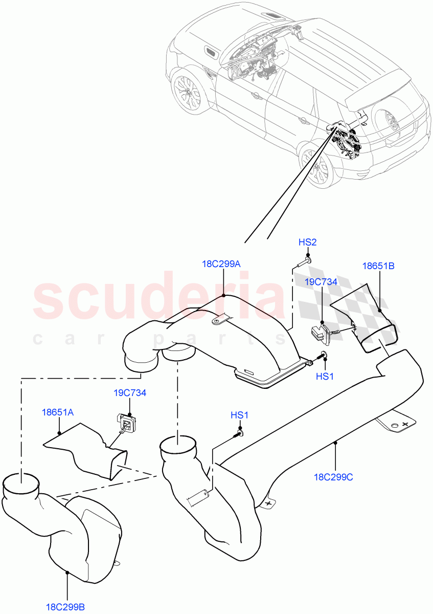 Air Vents, Louvres And Ducts(Under Rear Seat, Internal Components)(With 5 Seat Configuration,With Air Conditioning - Front/Rear,Premium Air Con Hybrid Front/Rear)((V)TOJA999999) of Land Rover Land Rover Range Rover Sport (2014+) [2.0 Turbo Petrol AJ200P]