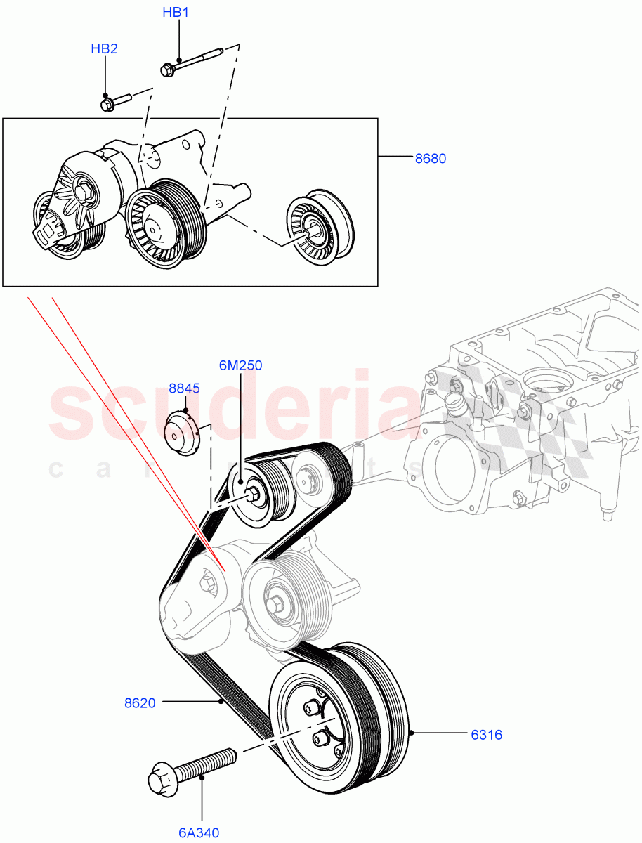 Pulleys And Drive Belts(Secondary Drive)(3.0L DOHC GDI SC V6 PETROL) of Land Rover Land Rover Range Rover Velar (2017+) [3.0 DOHC GDI SC V6 Petrol]