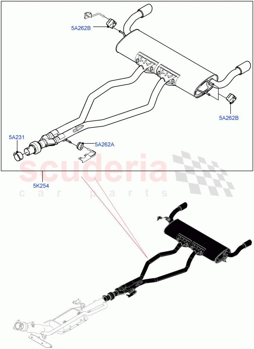 Rear Exhaust System(2.0L I4 DSL HIGH DOHC AJ200,EU6D Diesel + DPF Emissions,With 5 Seat Configuration,Dual Exhaust - Dynamic,Dual Exhaust,EU6 + DPF Emissions)((V)FROMJH000001) of Land Rover Land Rover Discovery Sport (2015+) [2.0 Turbo Diesel]
