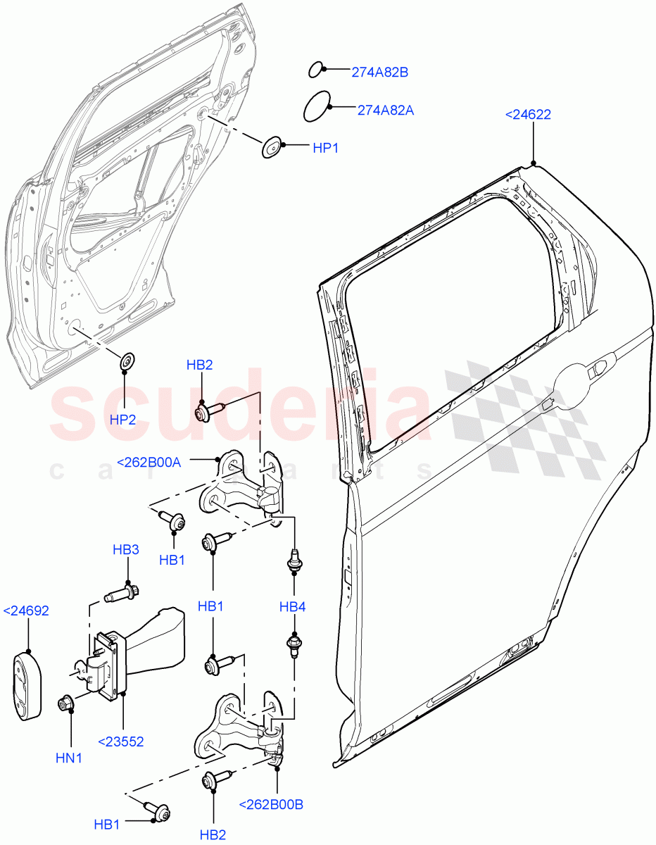 Rear Doors, Hinges & Weatherstrips(Door And Fixings, Nitra Plant Build)((V)FROMK2000001) of Land Rover Land Rover Discovery 5 (2017+) [3.0 Diesel 24V DOHC TC]