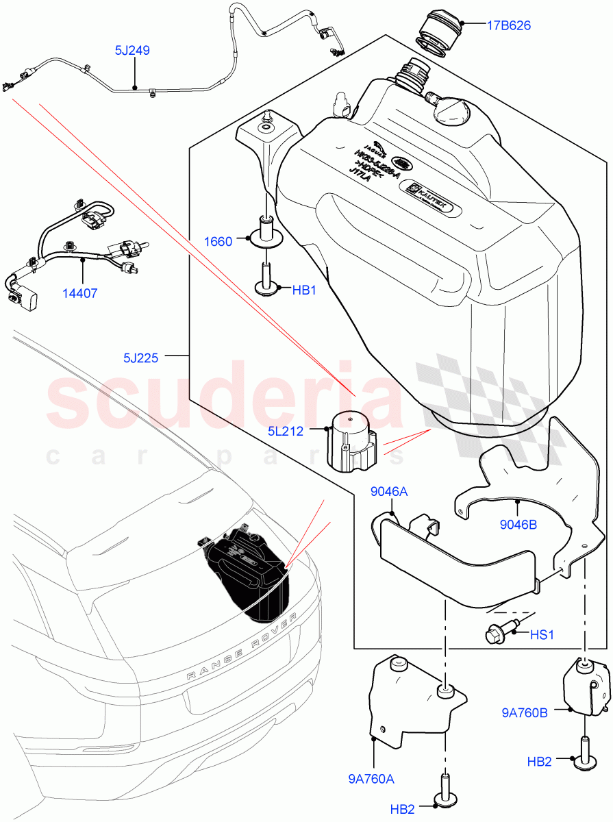 Exhaust Fluid Injection System(Tank and Lines)(3.0 V6 Diesel,With Diesel Exh Fluid Emission Tank) of Land Rover Land Rover Range Rover Velar (2017+) [3.0 Diesel 24V DOHC TC]