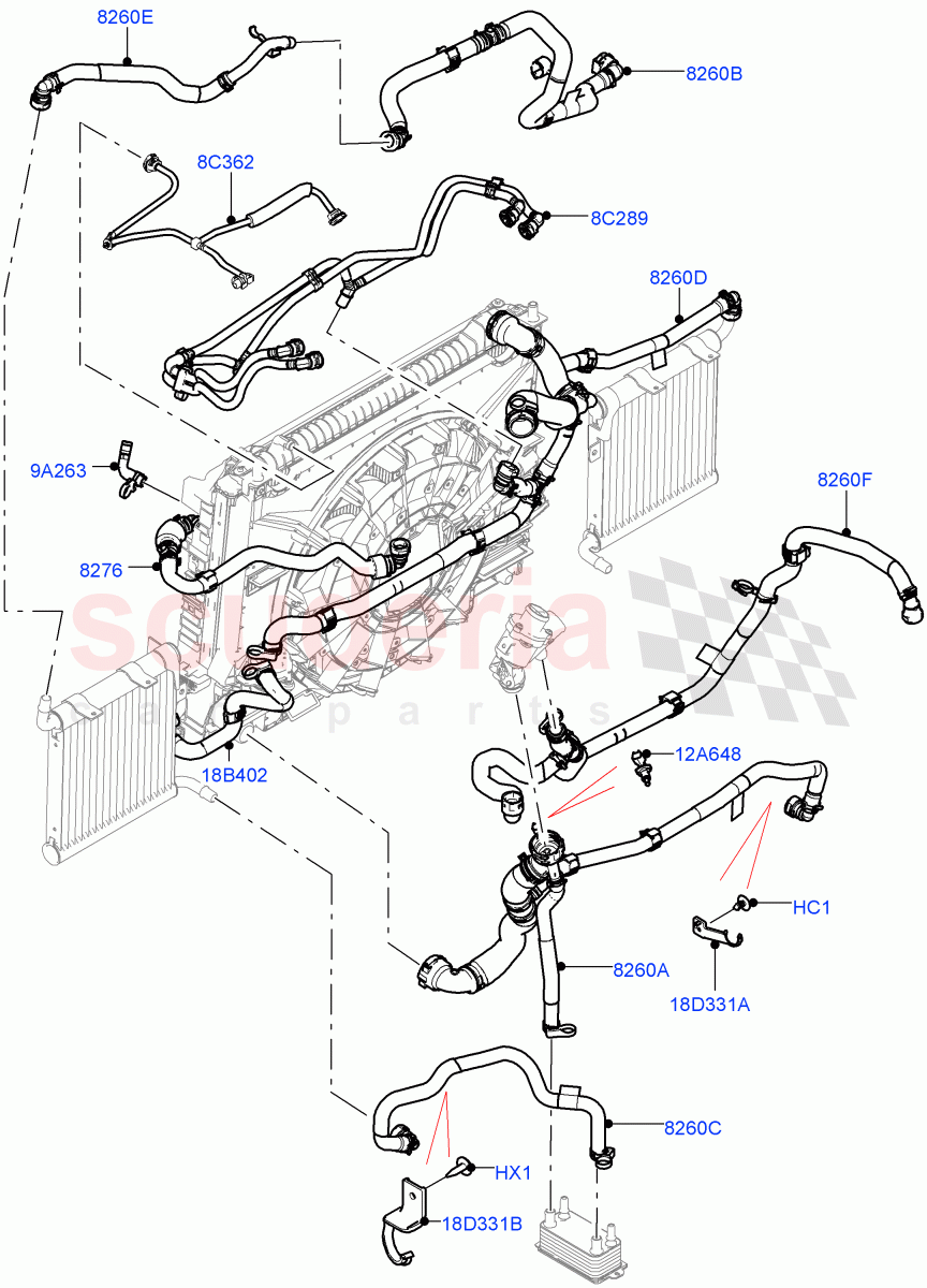 Cooling System Pipes And Hoses(5.0L P AJ133 DOHC CDA S/C Enhanced,With Extra Engine Cooling System)((V)FROMKA000001) of Land Rover Land Rover Range Rover Velar (2017+) [5.0 OHC SGDI SC V8 Petrol]