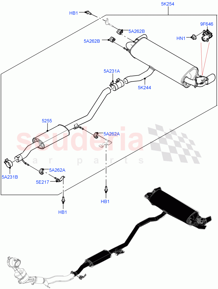 Rear Exhaust System(2.0L I4 Mid DOHC AJ200 Petrol,Halewood (UK),Dual Exh Olet W/Roun Tail Pipe Garn)((V)FROMHH000001) of Land Rover Land Rover Range Rover Evoque (2012-2018) [2.0 Turbo Petrol AJ200P]