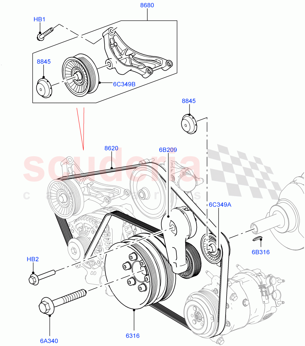 Pulleys And Drive Belts(Primary Drive)(3.0L DOHC GDI SC V6 PETROL) of Land Rover Land Rover Range Rover Velar (2017+) [3.0 DOHC GDI SC V6 Petrol]