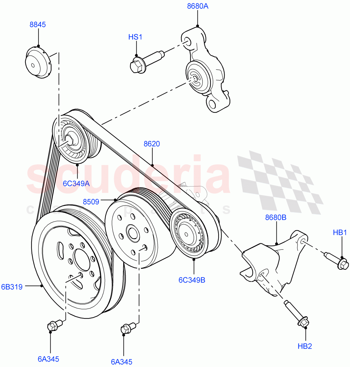 Pulleys And Drive Belts(Front)(3.0 V6 D Gen2 Twin Turbo,8 Speed Auto Trans ZF 8HP70 HEV 4WD,3.0 V6 Diesel Electric Hybrid Eng,3.0 V6 D Gen2 Mono Turbo)((V)FROMFA000001) of Land Rover Land Rover Range Rover (2012-2021) [3.0 Diesel 24V DOHC TC]
