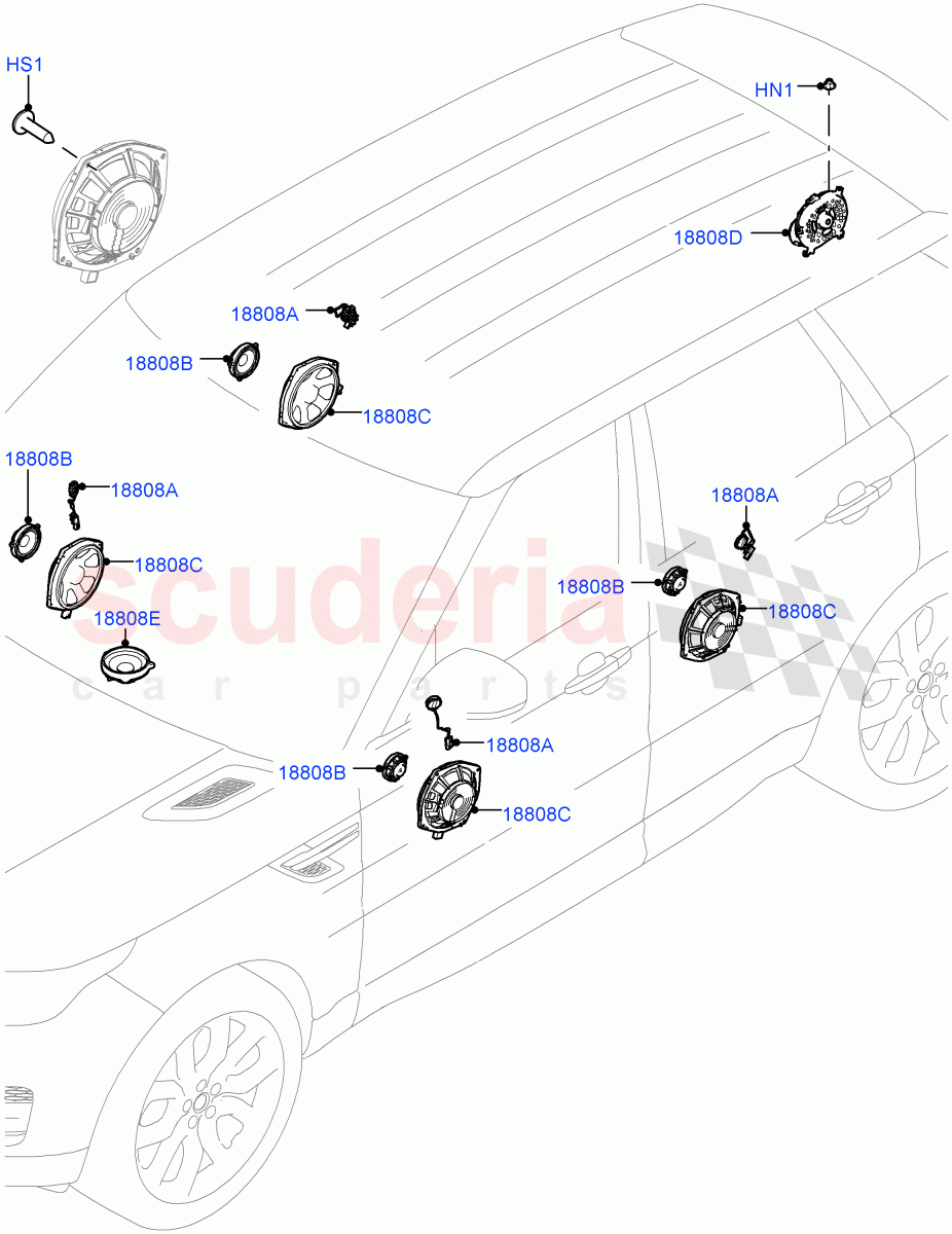 Speakers(Hi Line Audio System - 600 W)((V)FROMJA000001) of Land Rover Land Rover Range Rover Sport (2014+) [3.0 DOHC GDI SC V6 Petrol]
