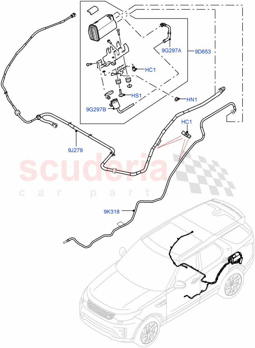 Fuel Lines(Solihull Plant Build, Rear)(3.0L DOHC GDI SC V6 PETROL,Narrow Filler Neck - Unleaded)((V)FROMHA000001,(V)TOJA999999) of Land Rover Land Rover Discovery 5 (2017+) [3.0 DOHC GDI SC V6 Petrol]