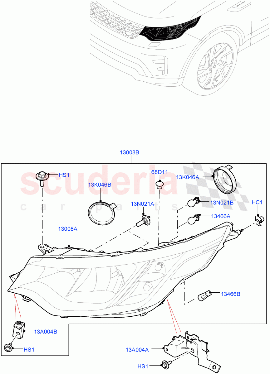 Headlamps And Front Flasher Lamps(Solihull Plant Build)(With Halogen Headlamp)((V)FROMHA000001) of Land Rover Land Rover Discovery 5 (2017+) [3.0 DOHC GDI SC V6 Petrol]