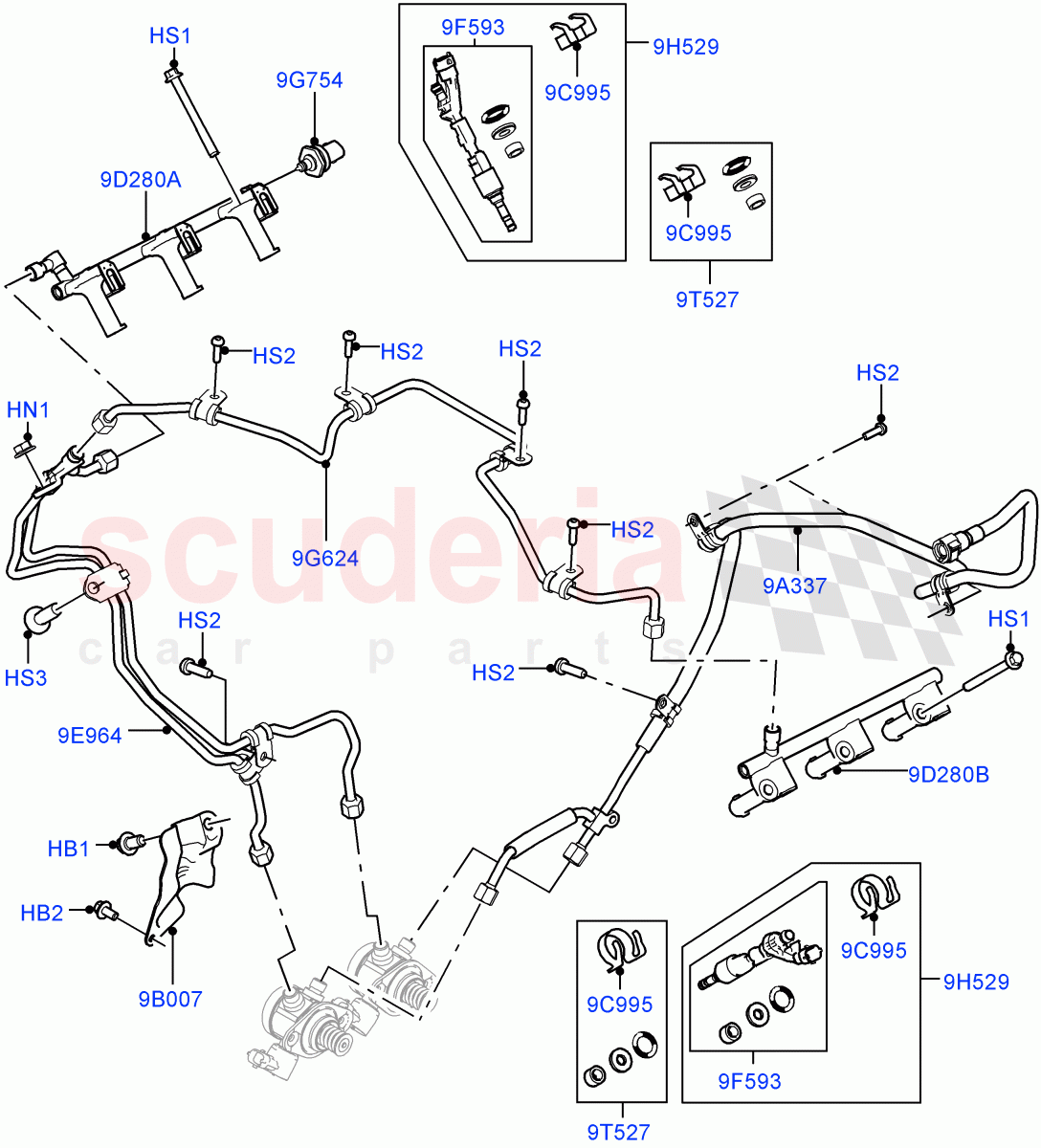 Fuel Injectors And Pipes(Solihull Plant Build)(3.0L DOHC GDI SC V6 PETROL)((V)FROMEA000001) of Land Rover Land Rover Discovery 4 (2010-2016) [3.0 DOHC GDI SC V6 Petrol]