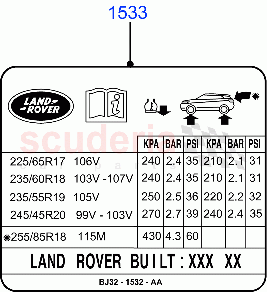 Labels(Tyre Pressure Label)(Changsu (China))((V)FROMEG000001) of Land Rover Land Rover Range Rover Evoque (2012-2018) [2.0 Turbo Diesel]