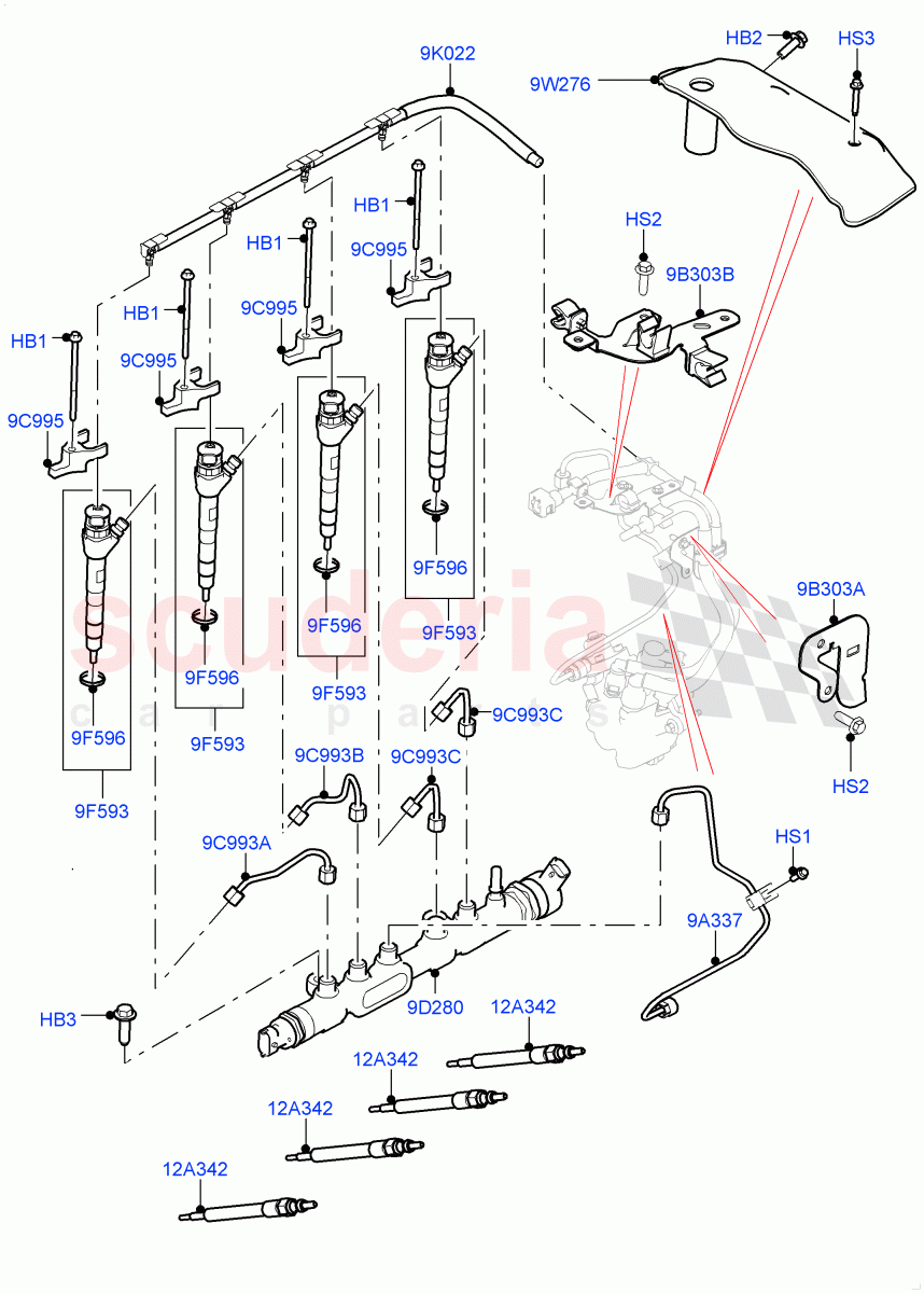 Fuel Injectors And Pipes(Solihull Plant Build)(2.0L I4 DSL HIGH DOHC AJ200,2.0L I4 DSL MID DOHC AJ200)((V)FROMHA000001) of Land Rover Land Rover Range Rover Sport (2014+) [2.0 Turbo Diesel]