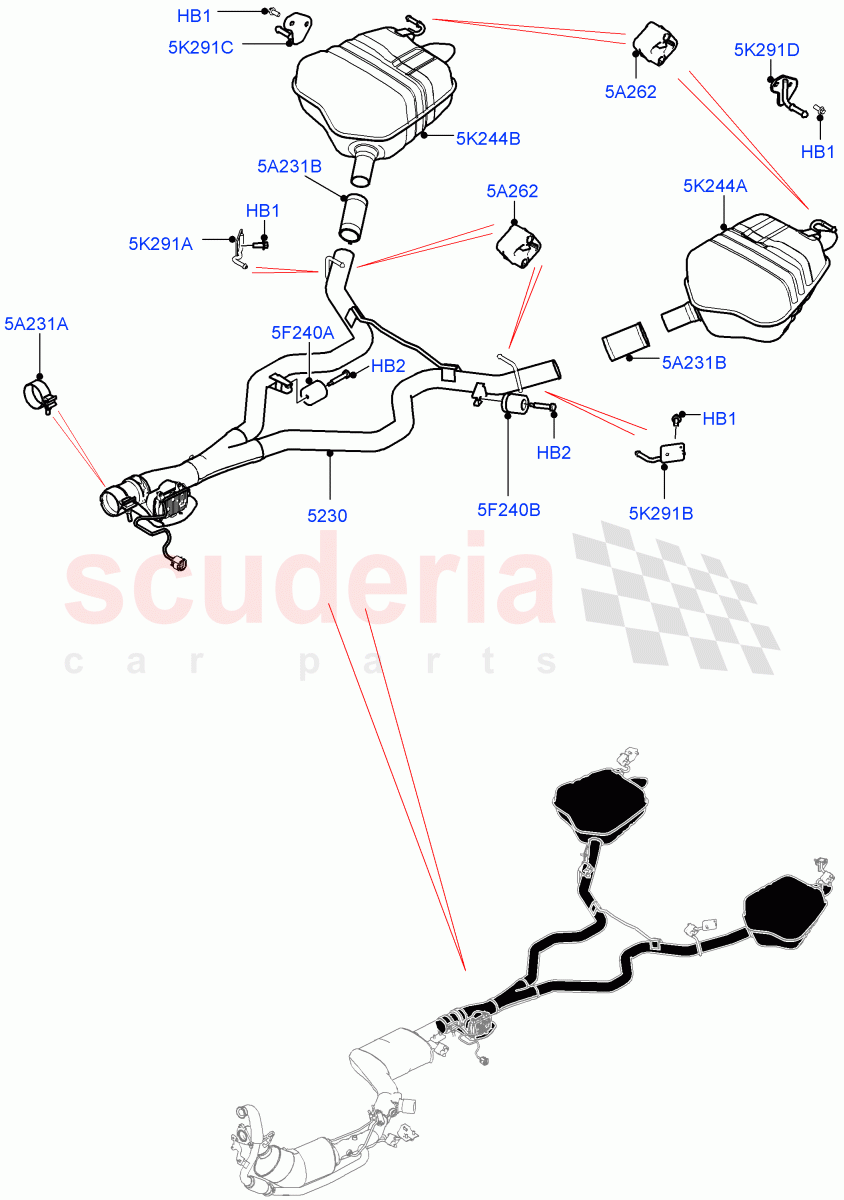 Rear Exhaust System(Solihull Plant Build)(3.0 V6 D Gen2 Mono Turbo,LEV 160,EU6 + DPF Emissions,Japanese Emission + DPF,3.0 V6 D Gen2 Twin Turbo,EU6D Diesel + DPF Emissions)((V)FROMHA000001) of Land Rover Land Rover Discovery 5 (2017+) [3.0 Diesel 24V DOHC TC]