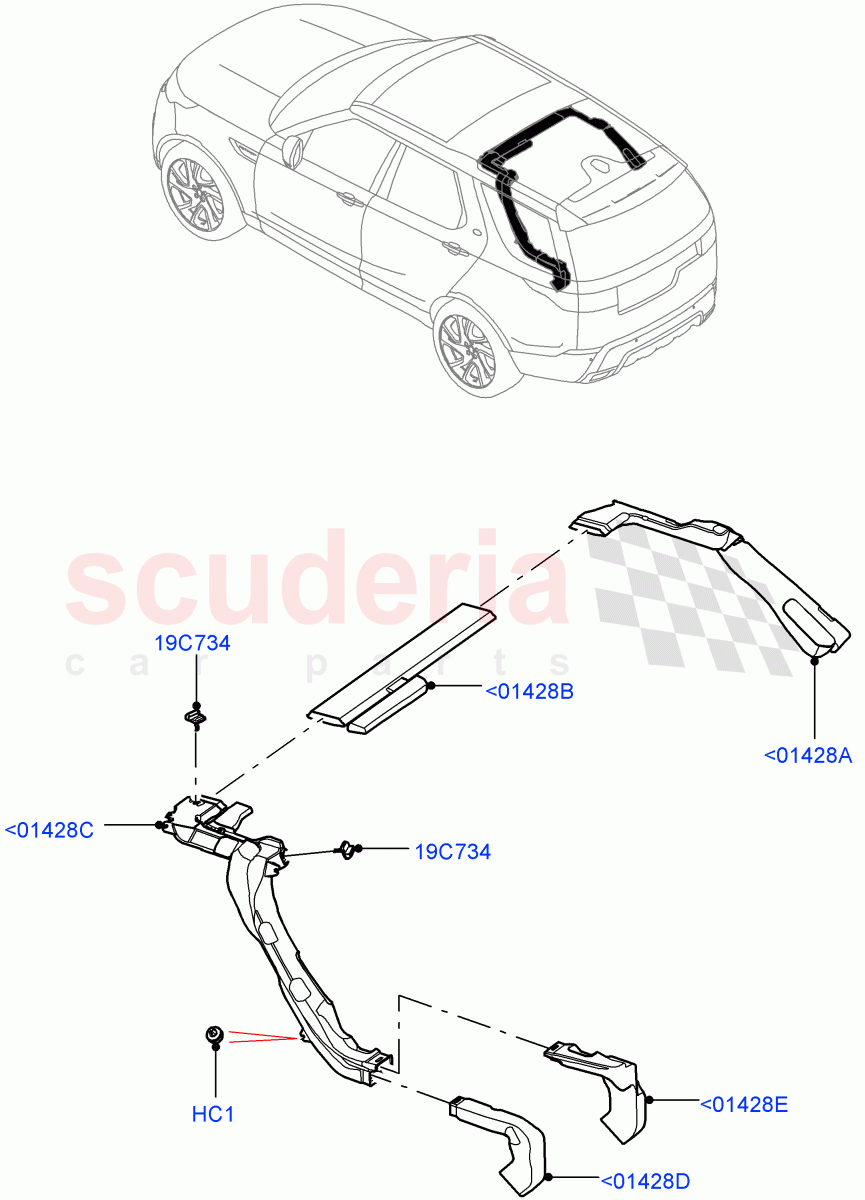 Air Vents, Louvres And Ducts(Headliner, Solihull Plant Build, Internal Components)(With Air Conditioning - Front/Rear)((V)FROMHA000001,(V)TOJA999999) of Land Rover Land Rover Discovery 5 (2017+) [3.0 Diesel 24V DOHC TC]
