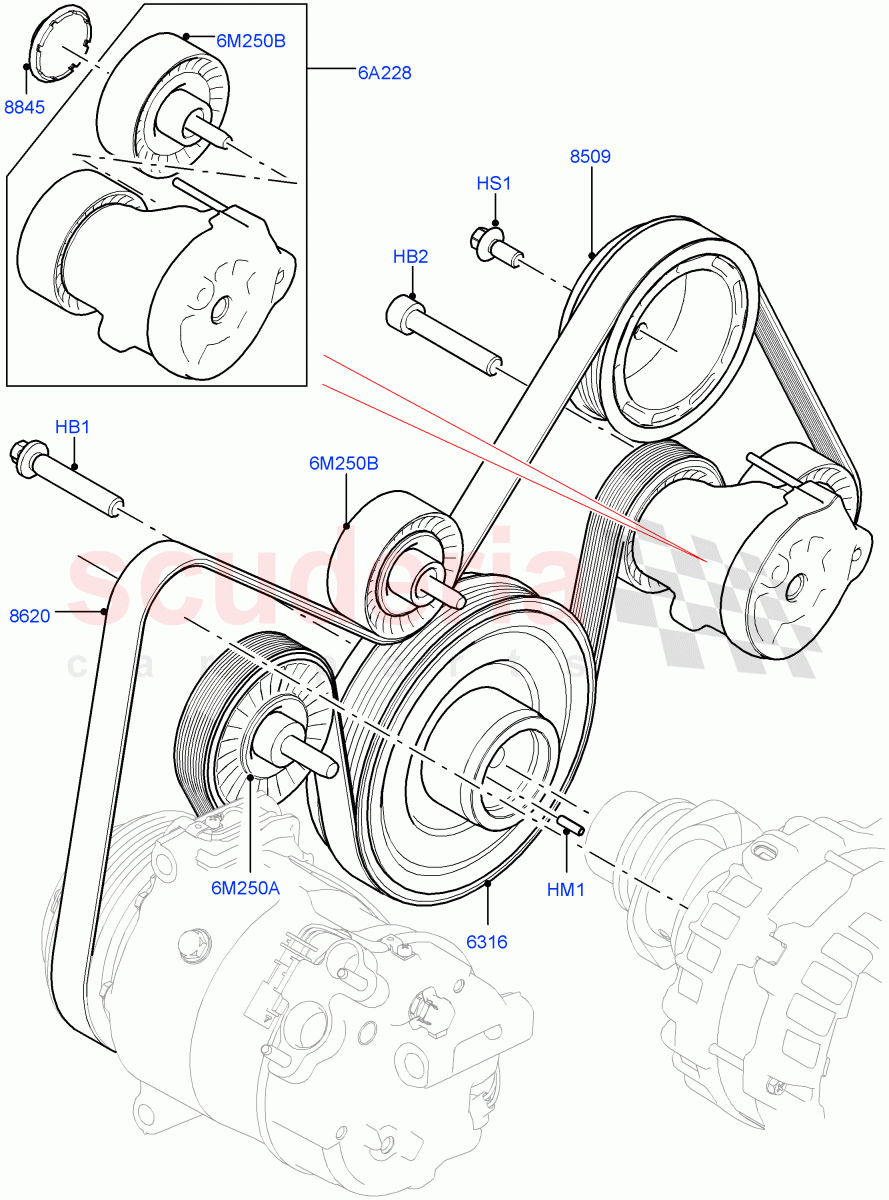 Pulleys And Drive Belts(2.0L I4 High DOHC AJ200 Petrol,2.0L I4 Mid DOHC AJ200 Petrol,2.0L I4 Mid AJ200 Petrol E100)((V)FROMJH000001) of Land Rover Land Rover Discovery Sport (2015+) [2.0 Turbo Petrol AJ200P]
