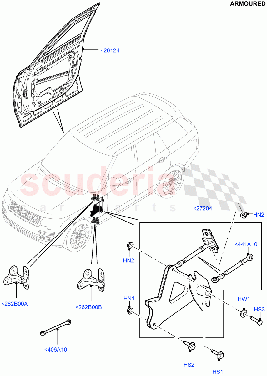 Front Doors, Hinges & Weatherstrips(Armoured)((V)FROMEA000001) of Land Rover Land Rover Range Rover (2012-2021) [3.0 I6 Turbo Diesel AJ20D6]