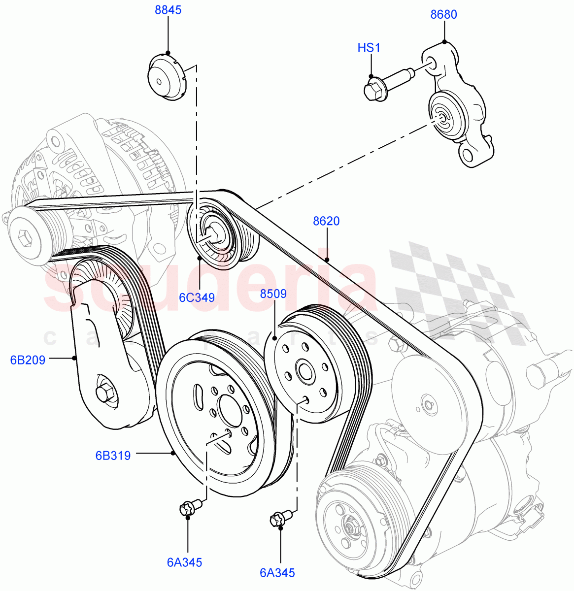 Pulleys And Drive Belts(Front)(3.0 V6 D Gen2 Mono Turbo,Electronic Air Suspension With ACE,Sport Suspension w/ARC,3.0 V6 D Gen2 Twin Turbo,3.0 V6 D Low MT ROW)((V)FROMKA000001) of Land Rover Land Rover Range Rover Sport (2014+) [3.0 Diesel 24V DOHC TC]
