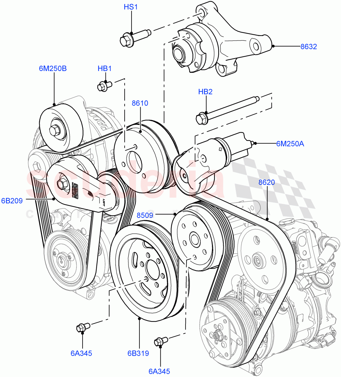 Pulleys And Drive Belts(Front)(3.0L 24V DOHC V6 TC Diesel,With Roll Stability Control,With ACE Suspension)((V)FROMAA000001) of Land Rover Land Rover Range Rover Sport (2010-2013) [3.0 Diesel 24V DOHC TC]