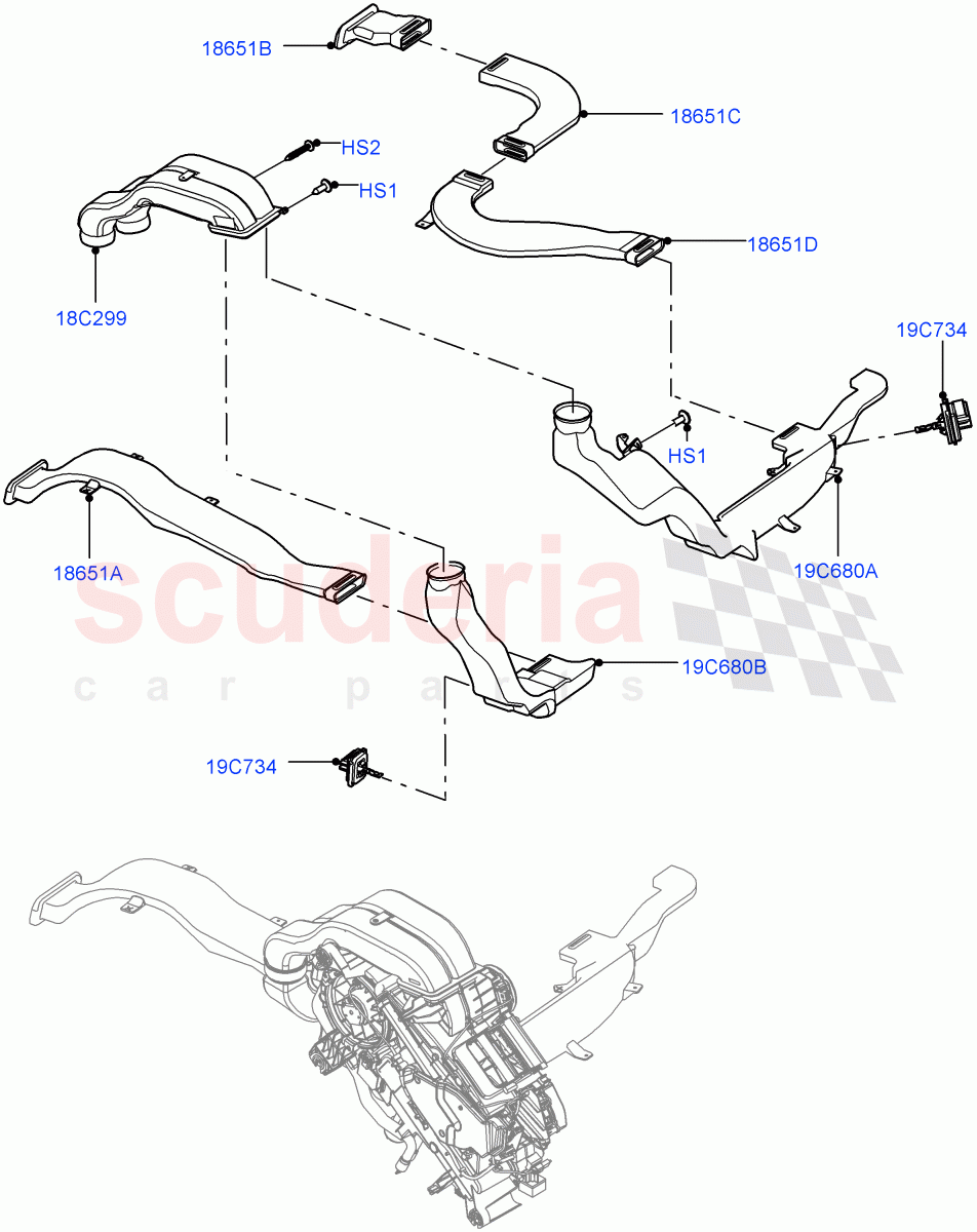 Air Vents, Louvres And Ducts(Nitra Plant Build, Internal Components, Under Rear Seat)(Premium Air Conditioning-Front/Rear)((V)FROMK2000001) of Land Rover Land Rover Discovery 5 (2017+) [3.0 DOHC GDI SC V6 Petrol]