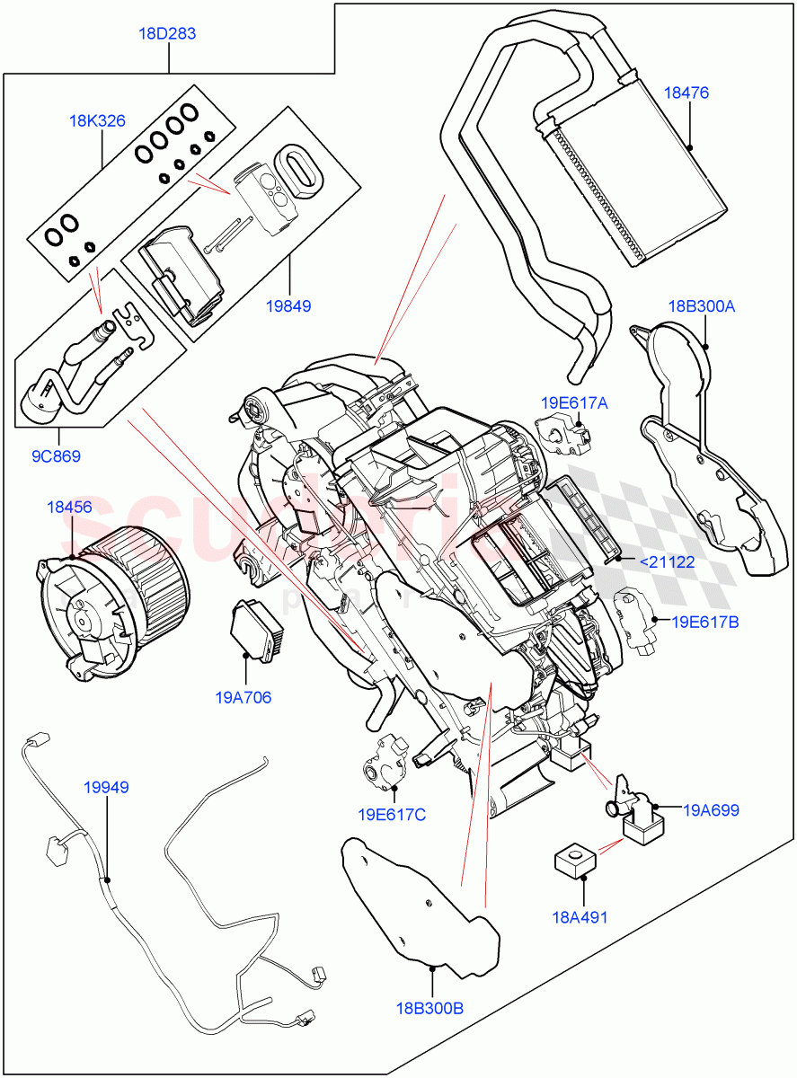 Heater/Air Cond.Internal Components(Auxiliary Heater, Solihull Plant Build)(With Air Conditioning - Front/Rear)((V)FROMHA000001,(V)TOJA999999) of Land Rover Land Rover Discovery 5 (2017+) [3.0 Diesel 24V DOHC TC]