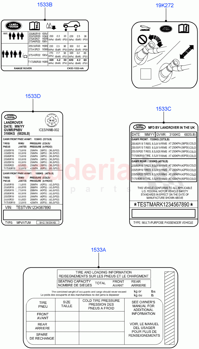 Labels(Tyre Pressure Label, Nitra Plant Build)((V)FROMK2000001) of Land Rover Land Rover Discovery 5 (2017+) [3.0 Diesel 24V DOHC TC]