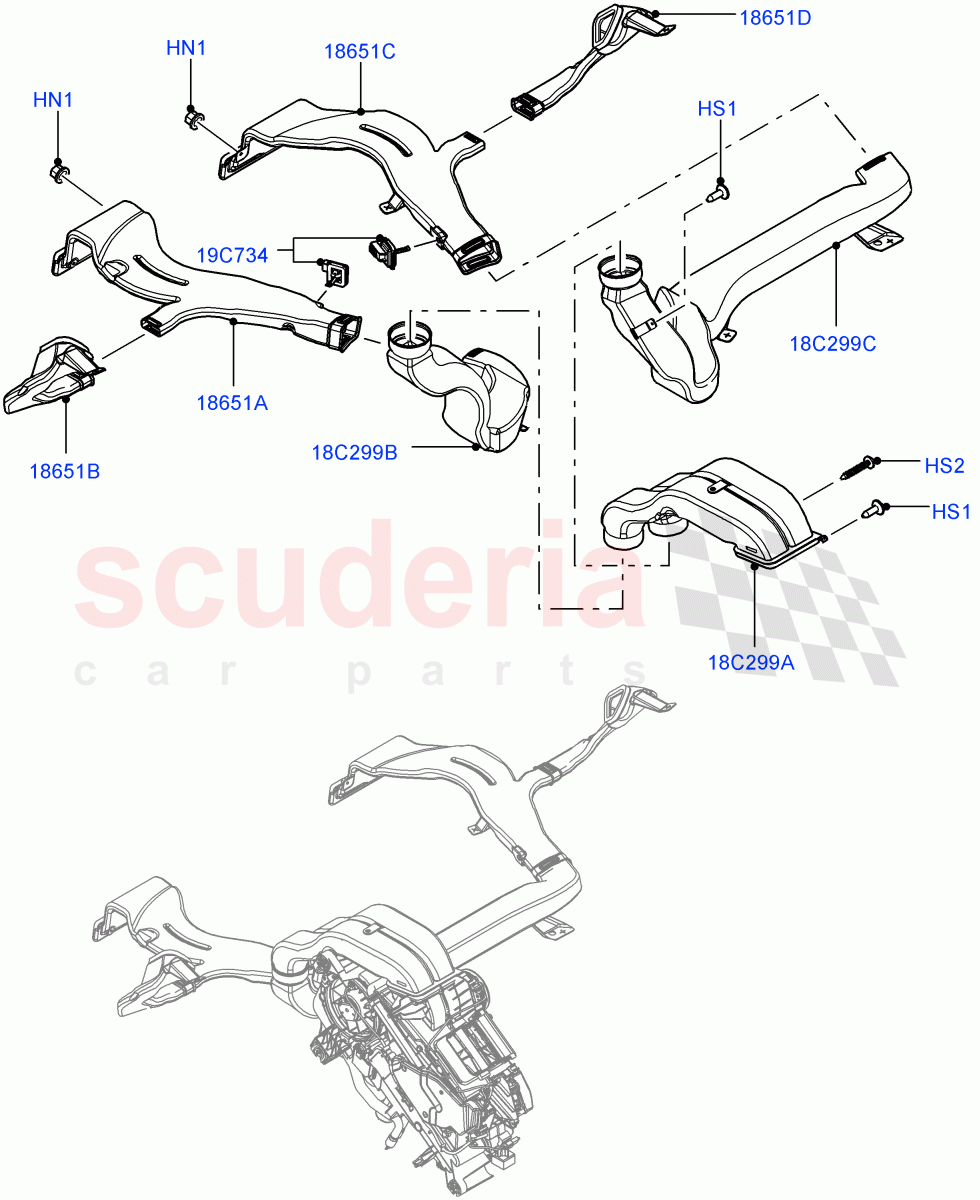 Air Vents, Louvres And Ducts(Internal Components, Under Rear Seat)(With Air Conditioning - Front/Rear,Premium Air Con Hybrid Front/Rear)((V)TOHA999999) of Land Rover Land Rover Range Rover (2012-2021) [3.0 Diesel 24V DOHC TC]
