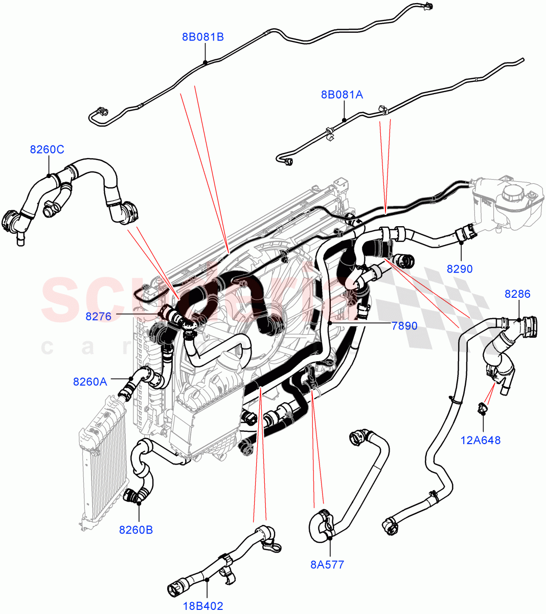 Cooling System Pipes And Hoses(2.0L I4 Mid DOHC AJ200 Petrol,With Extra Engine Cooling System,Less Active Tranmission Warming,2.0L I4 Mid AJ200 Petrol E100)((V)FROMJH000001) of Land Rover Land Rover Range Rover Evoque (2012-2018) [2.0 Turbo Petrol AJ200P]