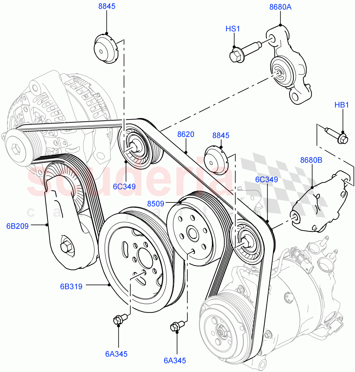 Pulleys And Drive Belts(Nitra Plant Build, Front)(3.0 V6 D Low MT ROW,3.0 V6 D Gen2 Mono Turbo,3.0 V6 D Gen2 Twin Turbo)((V)FROMK2000001) of Land Rover Land Rover Discovery 5 (2017+) [3.0 Diesel 24V DOHC TC]