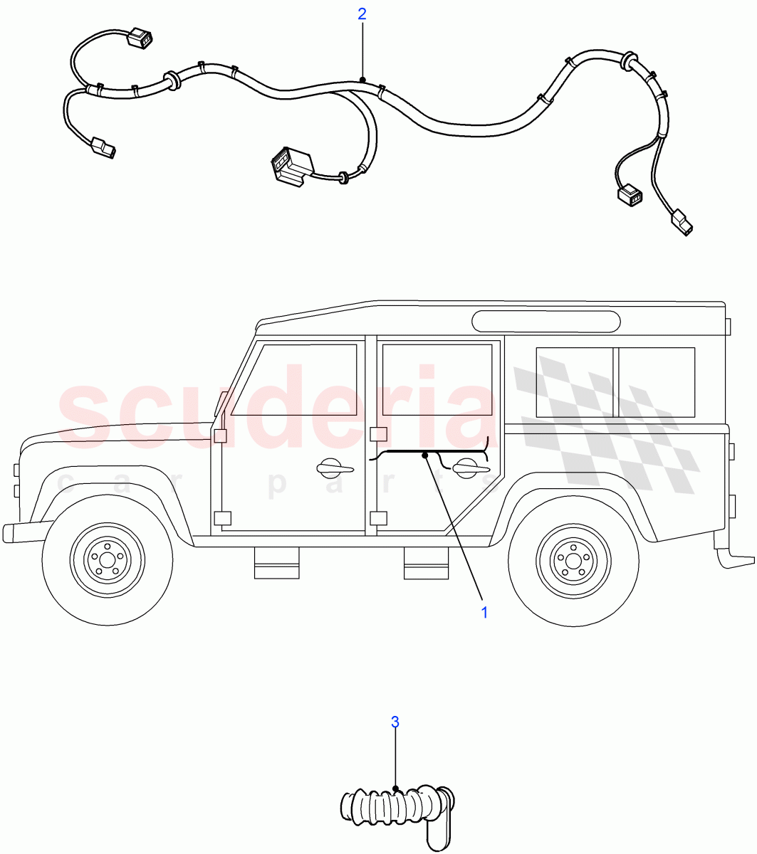 Harness-Door Rear(Crew Cab Pick Up,110" Wheelbase,Chassis Crew Cab,130" Wheelbase,Station Wagon - 5 Door,Crew Cab HCPU)((V)FROM7A000001) of Land Rover Land Rover Defender (2007-2016)