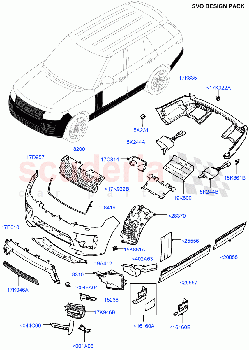Exterior Body Styling Items(SVO Design Pack Service Components)(Standard Wheelbase,Diesel/Electric - Hybrid,Less Electric Engine Battery,With Front Fog Lamps,With Diesel Fuel Capability,For Unleaded Fuel) of Land Rover Land Rover Range Rover (2012-2021) [2.0 Turbo Petrol AJ200P]