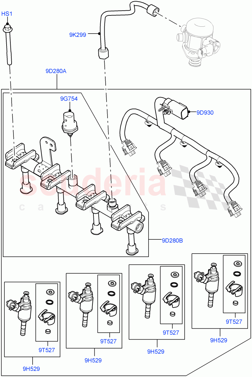 Fuel Injectors And Pipes(2.0L I4 High DOHC AJ200 Petrol,2.0L I4 Mid DOHC AJ200 Petrol,2.0L I4 Mid AJ200 Petrol E100)((V)FROMJH000001) of Land Rover Land Rover Range Rover Evoque (2012-2018) [2.0 Turbo Petrol AJ200P]