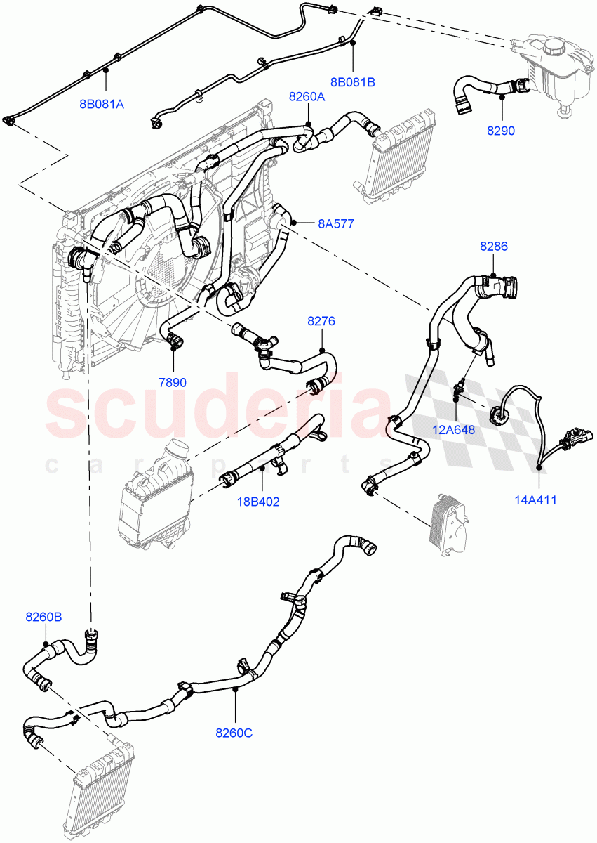 Cooling System Pipes And Hoses(2.0L AJ20P4 Petrol High PTA,Halewood (UK),Extra High Engine Cooling,Less Active Tranmission Warming) of Land Rover Land Rover Range Rover Evoque (2019+) [2.0 Turbo Petrol AJ200P]