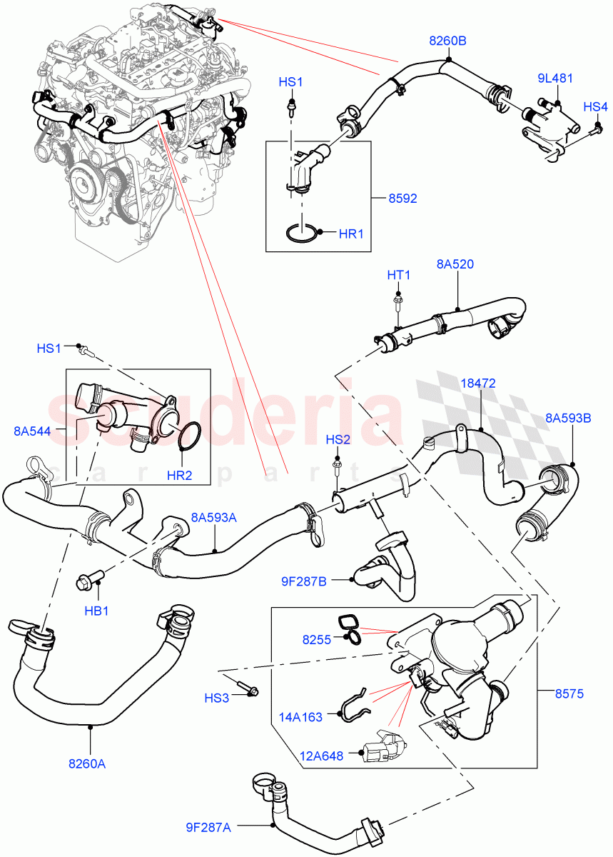 Thermostat/Housing & Related Parts(Solihull Plant Build)(2.0L I4 High DOHC AJ200 Petrol,2.0L AJ200P Hi PHEV,2.0L I4 Mid DOHC AJ200 Petrol)((V)FROMHA000001,(V)TOLA999999) of Land Rover Land Rover Range Rover Sport (2014+) [2.0 Turbo Petrol AJ200P]