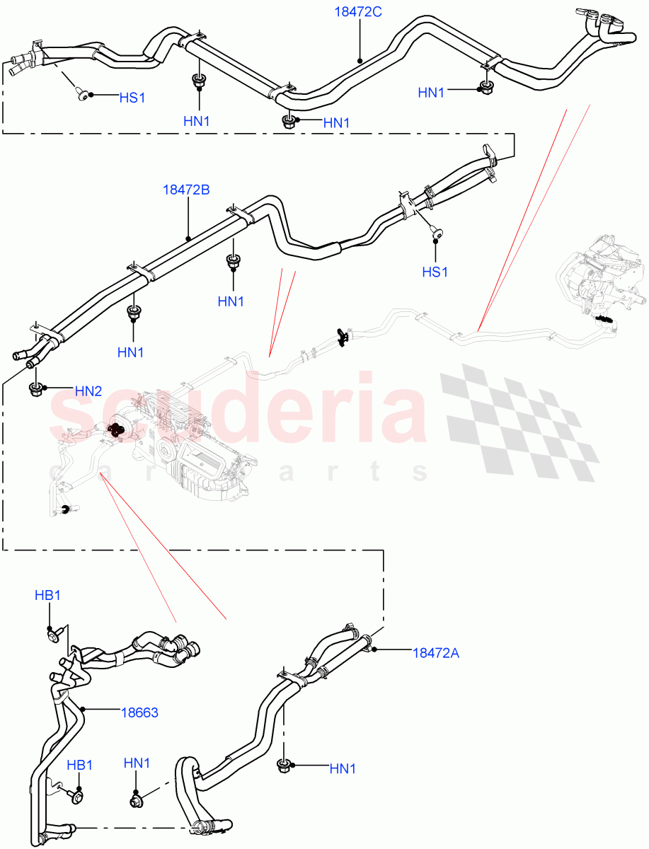 Heater Hoses(Solihull Plant Build)(With Air Conditioning - Front/Rear)((V)FROMHA000001,(V)TOJA999999) of Land Rover Land Rover Discovery 5 (2017+) [3.0 DOHC GDI SC V6 Petrol]