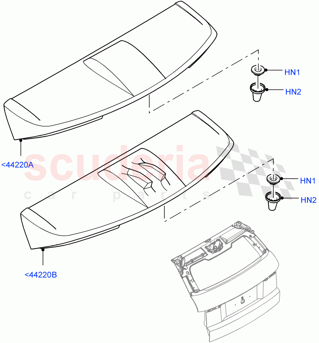 Spoiler And Related Parts(5 Door,Halewood (UK),3 Door)((V)FROMHH000001,(V)TOHH999999) of Land Rover Land Rover Range Rover Evoque (2012-2018) [2.2 Single Turbo Diesel]